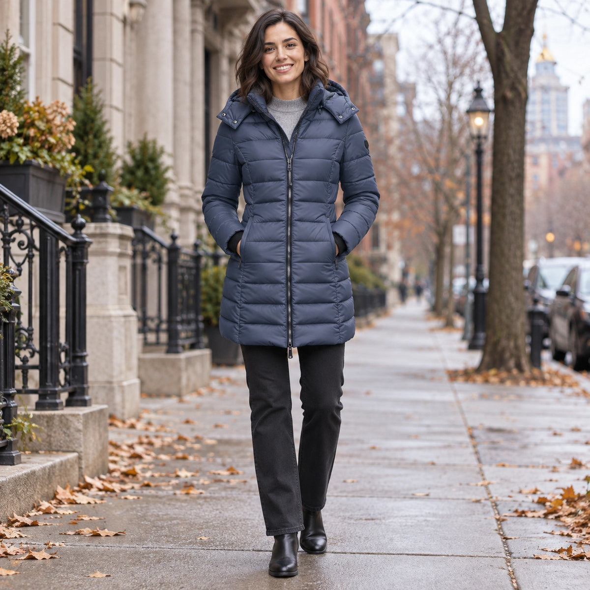 puffer jacket — Usa and Canada October–December 1; Slate Blue; complete product worn by a happy adult model — view 10