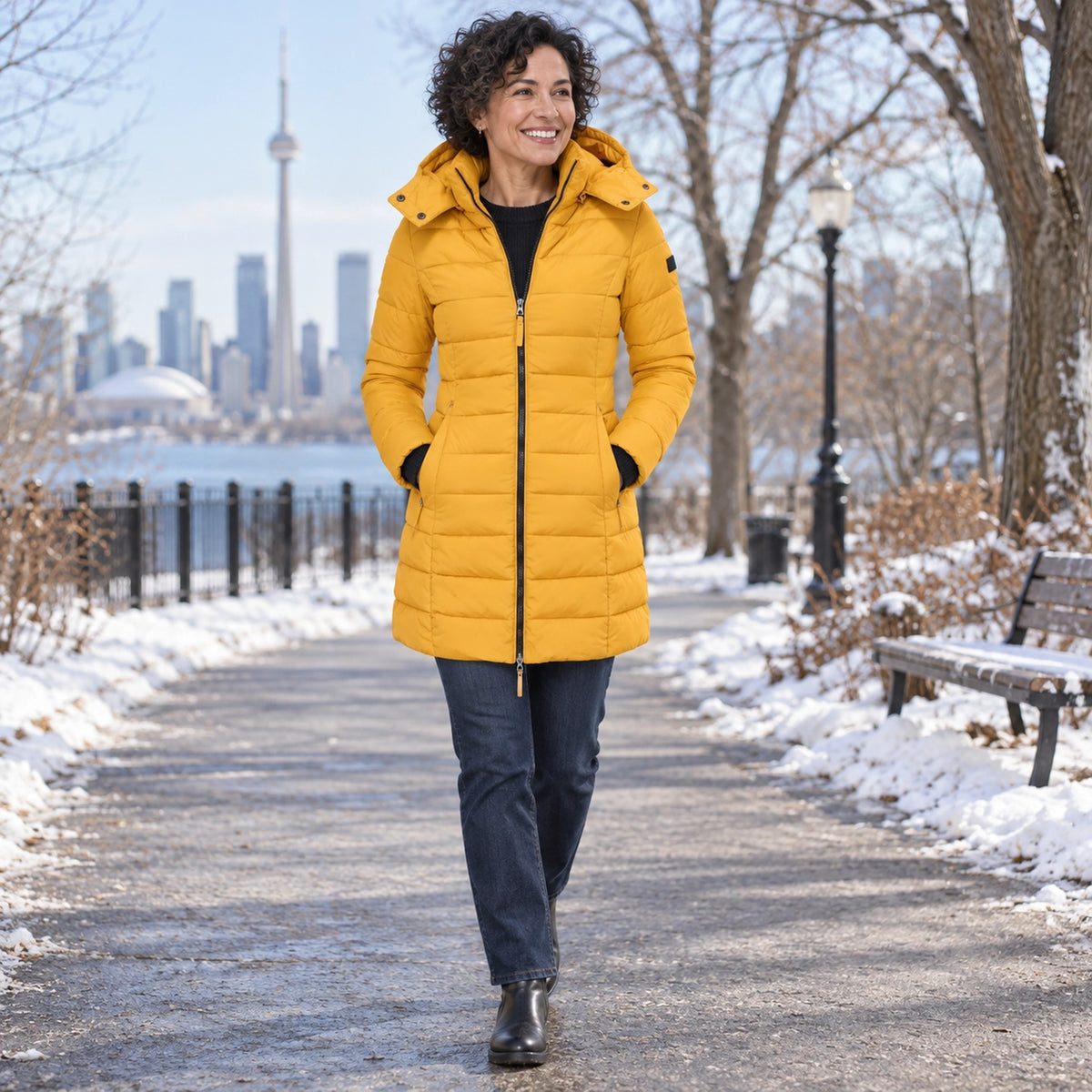 puffer jacket — Usa and Canada October–December 2; Mustard Yellow; complete product worn by a happy adult model — view 11