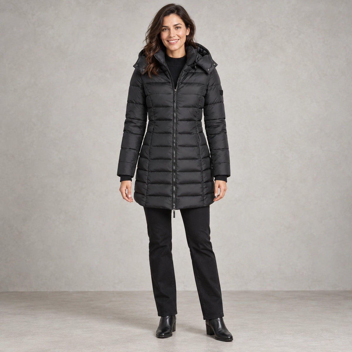 puffer jacket — Full front view; Black; complete product worn by a happy adult model — view 2