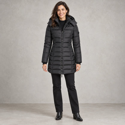 puffer jacket — Full front view; Black; complete product worn by a happy adult model — view 2