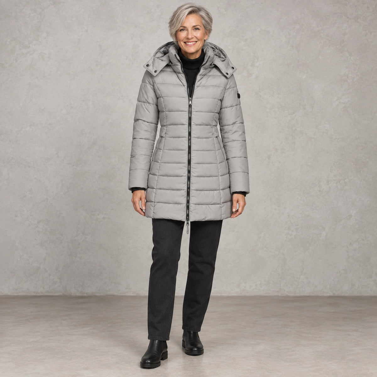 puffer jacket — Full front view; Gray; complete product worn by a happy adult model — view 3