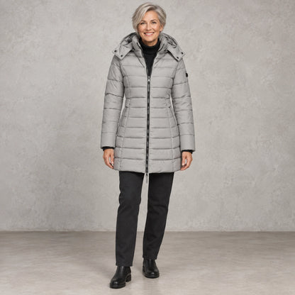 puffer jacket — Full front view; Gray; complete product worn by a happy adult model — view 3