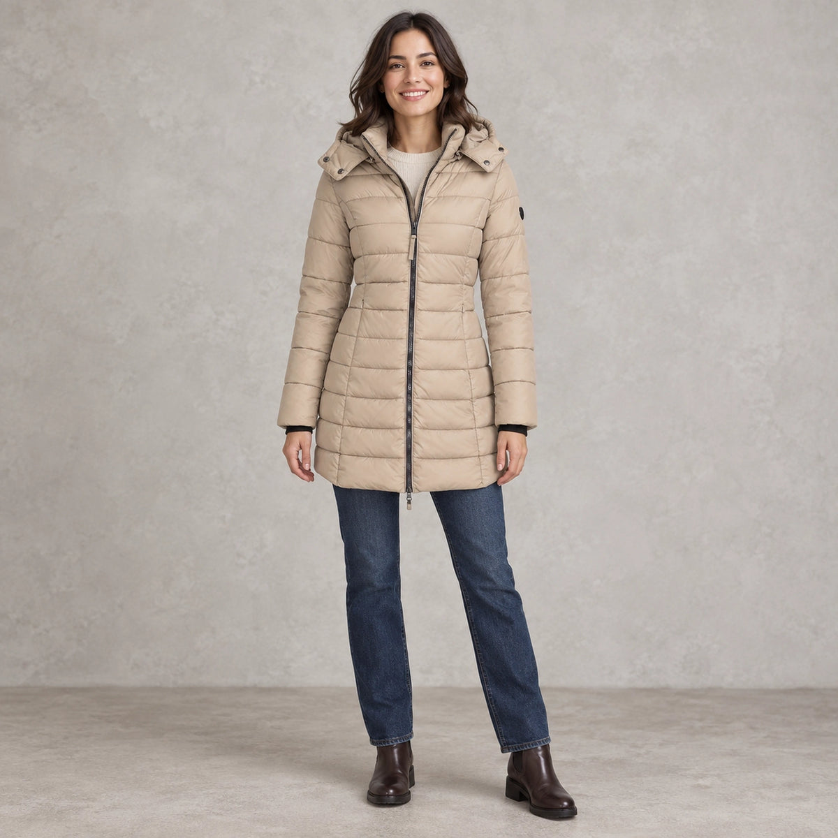puffer jacket — Full front view; Khaki; complete product worn by a happy adult model — view 4