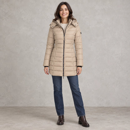 puffer jacket — Full front view; Khaki; complete product worn by a happy adult model — view 4