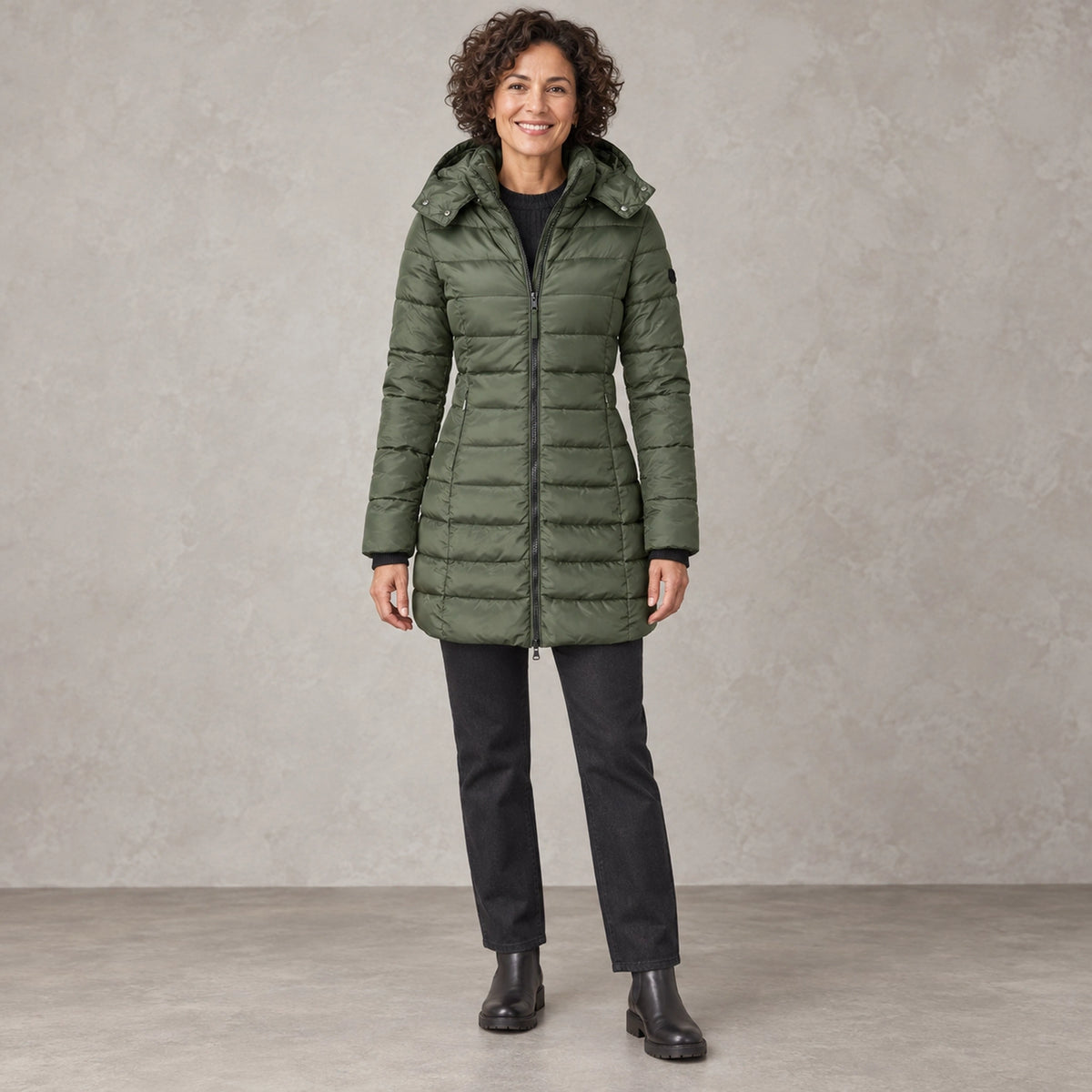 puffer jacket — Full front view; Olive Green; complete product worn by a happy adult model — view 5
