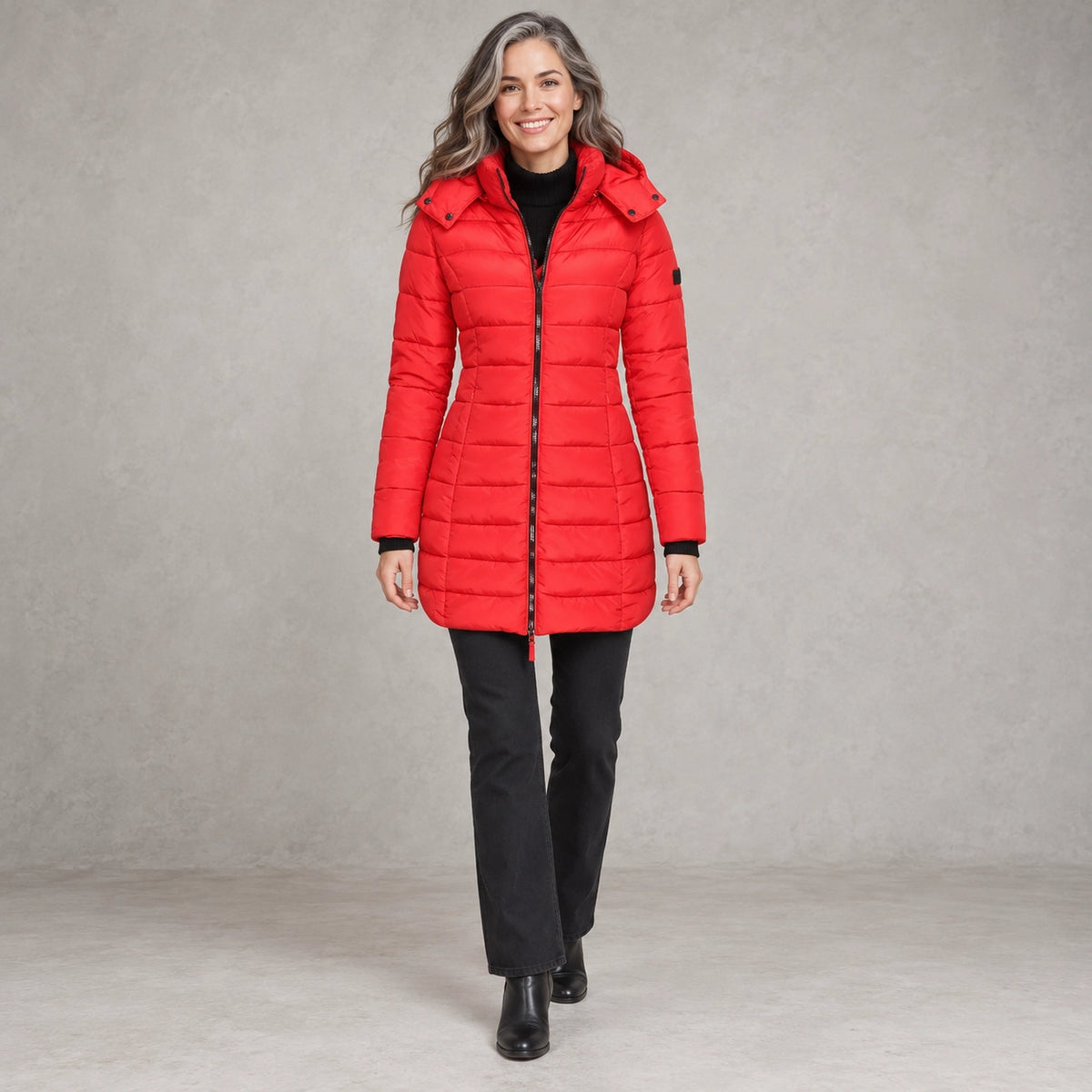 puffer jacket — Full front view; Red; complete product worn by a happy adult model — view 6