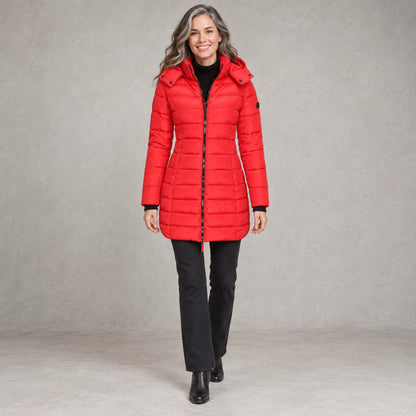 puffer jacket — Full front view; Red; complete product worn by a happy adult model — view 6