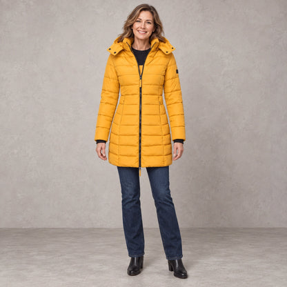 puffer jacket — Full front view; Mustard Yellow; complete product worn by a happy adult model — view 7