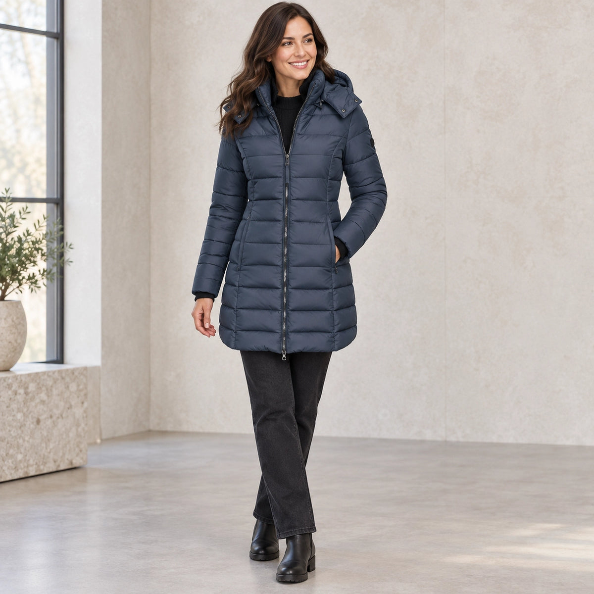 puffer jacket — Usa and Canada October–December three quarter view; Slate Blue; complete product worn by a happy — view 8