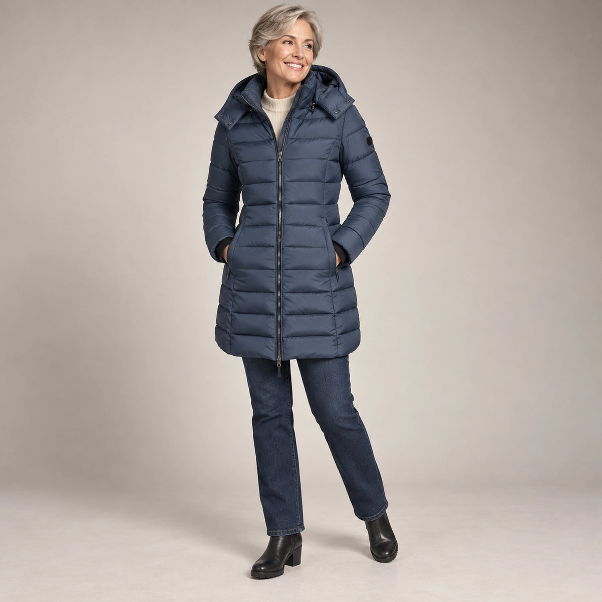 puffer jacket — Usa and Canada October–December alternate angle; Slate Blue; complete product worn by a happy adult — view 9