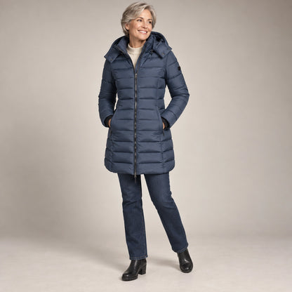 puffer jacket — Usa and Canada October–December alternate angle; Slate Blue; complete product worn by a happy adult — view 9