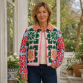 Charlotte pink green and blue folk floral quilted jacket front view
