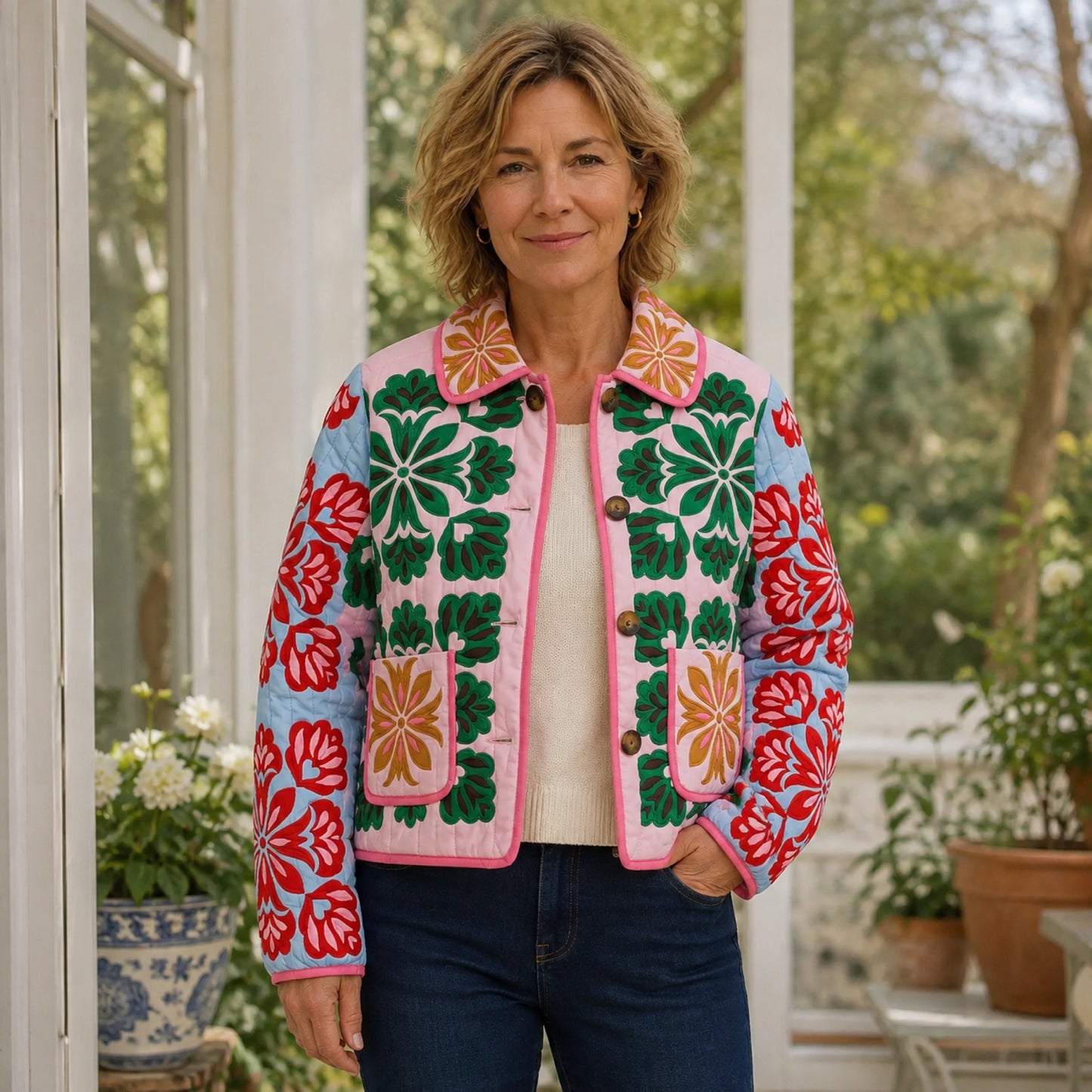 Charlotte pink green and blue folk floral quilted jacket front view