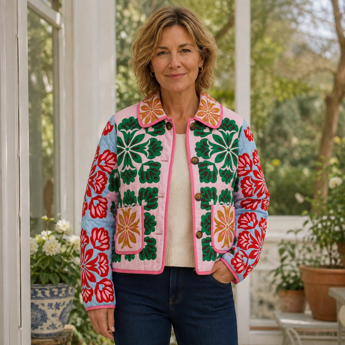 Charlotte pink green and blue folk floral quilted jacket front view