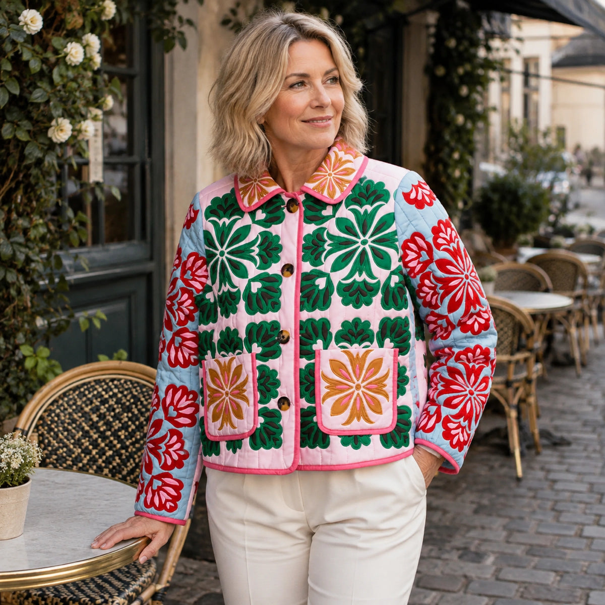Charlotte folk floral quilted jacket three quarter side view — view 2