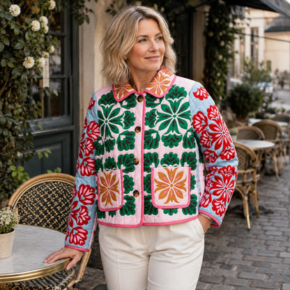 Charlotte folk floral quilted jacket three quarter side view — view 2