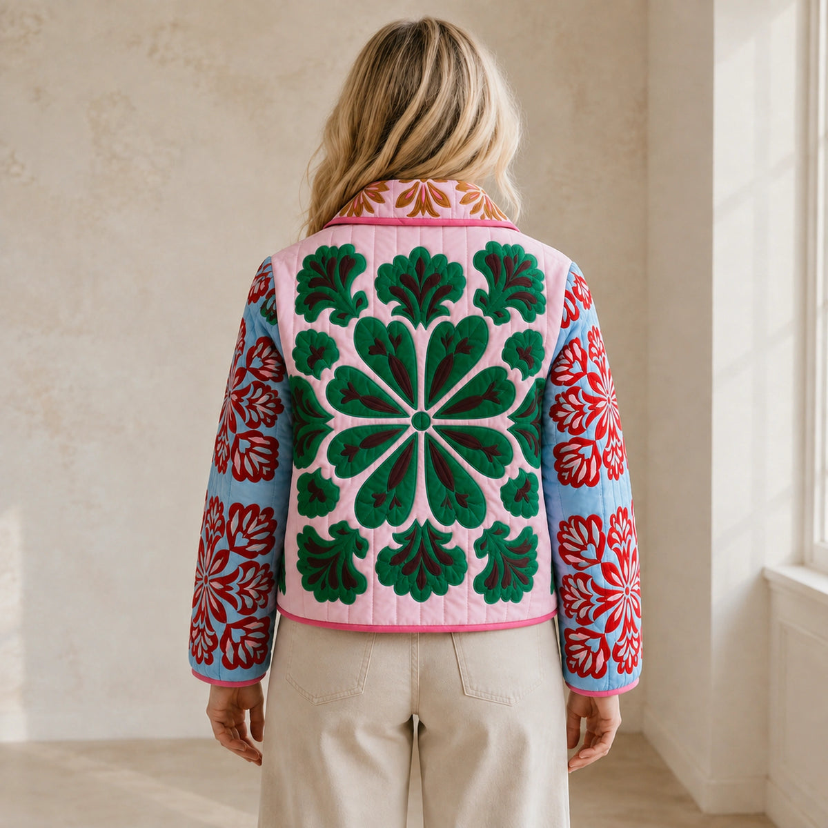 Charlotte folk floral quilted jacket genuine direct rear view worn by model — view 3