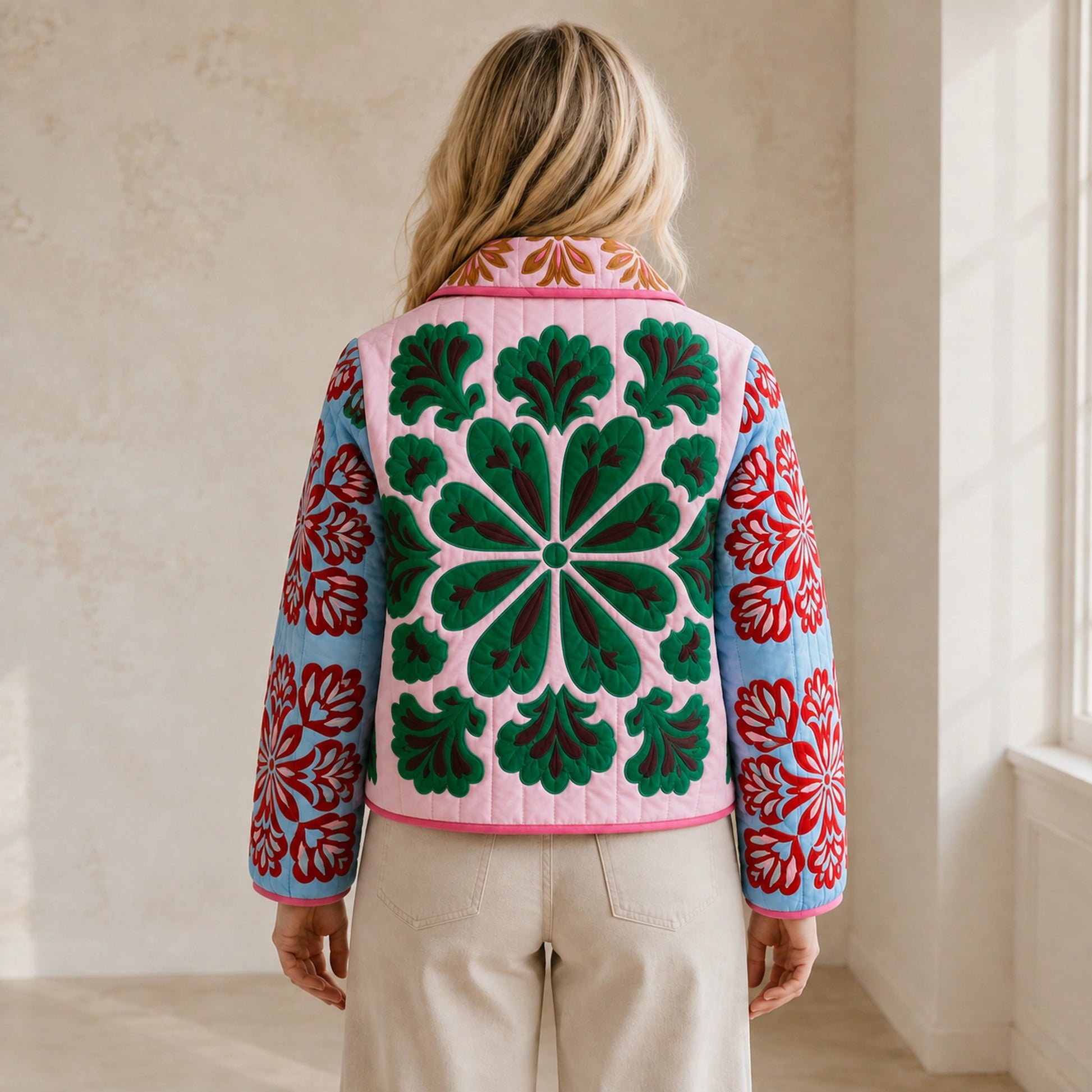 Charlotte folk floral quilted jacket genuine direct rear view worn by model — view 3