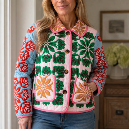 quilted jacket — Charlotte jacket patterned collar buttons quilting and pocket detail — view 4
