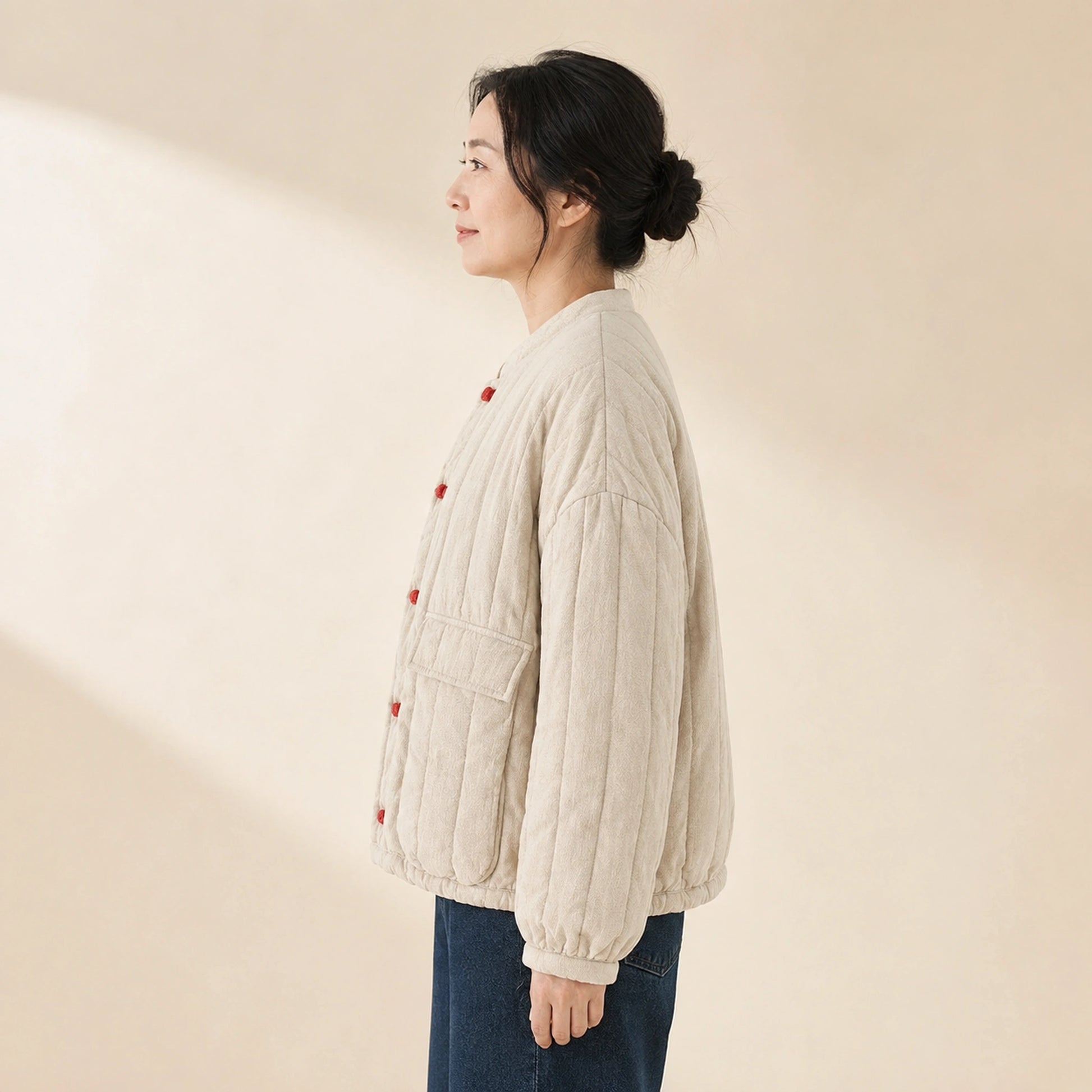 Beige cotton linen short quilted jacket true side view on a model — view 3