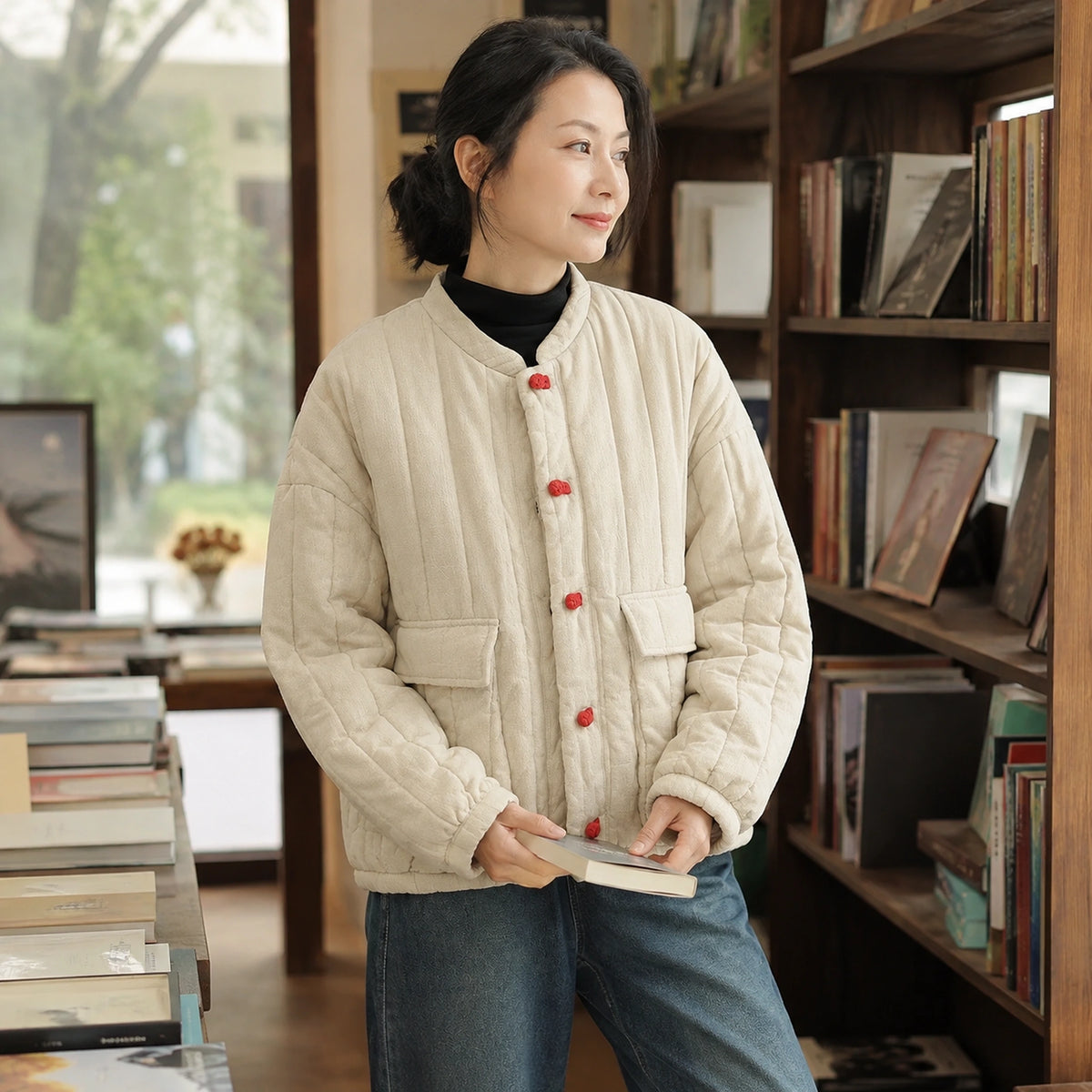 Beige cotton linen short quilted jacket view on a model — view 6