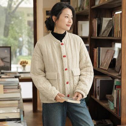 Beige cotton linen short quilted jacket view on a model — view 6
