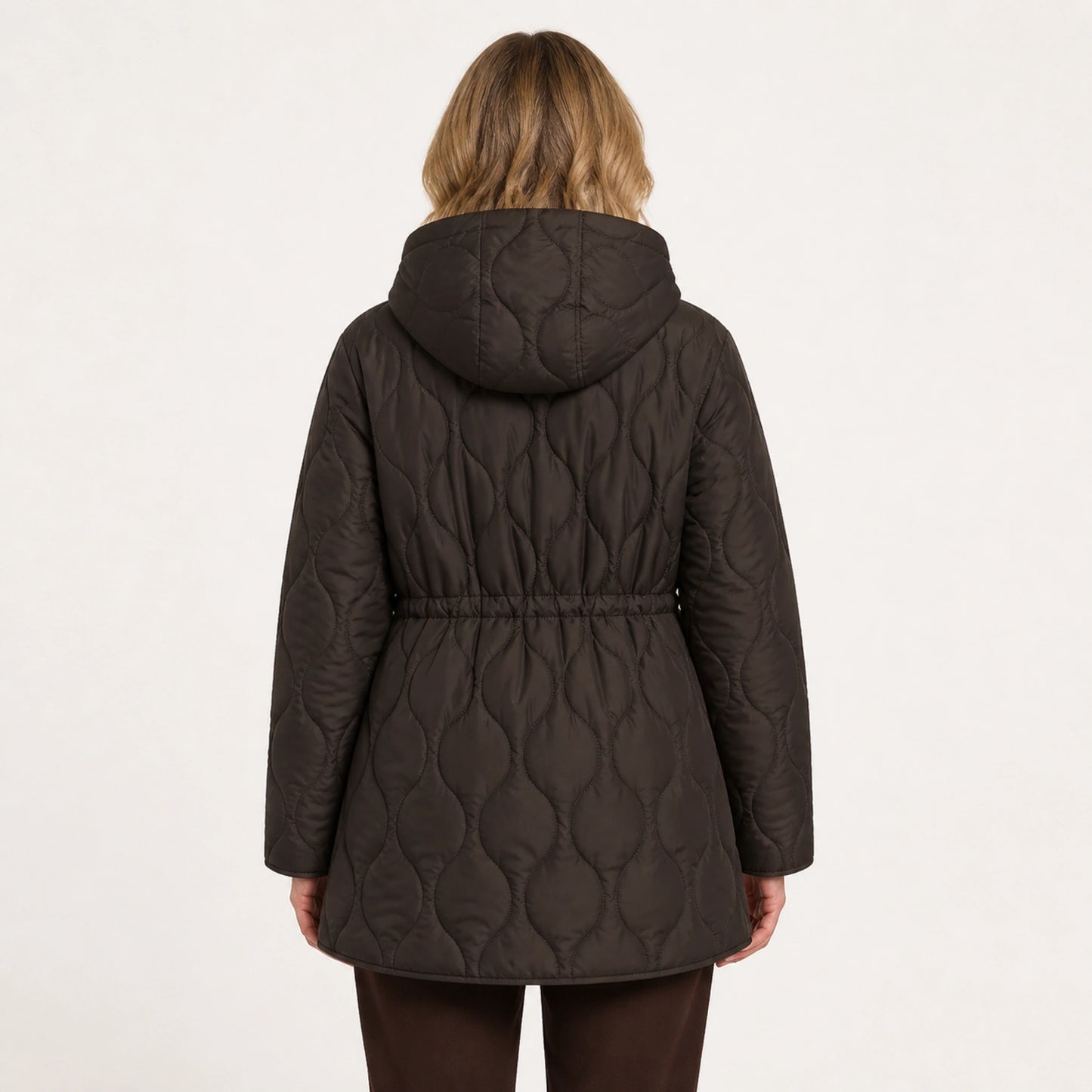 Brown hooded longline quilted jacket direct back view on a model — view 4