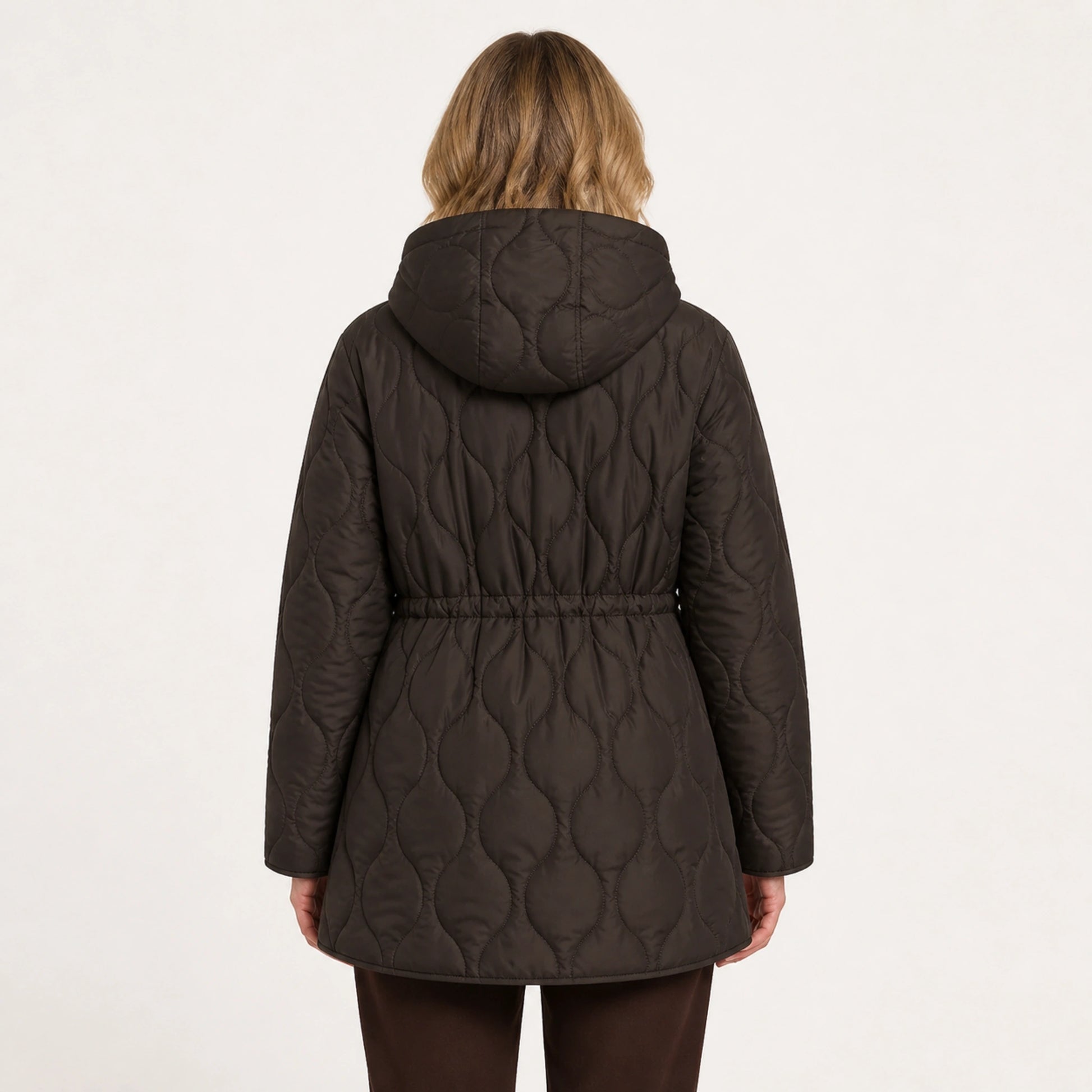 Brown hooded longline quilted jacket direct back view on a model — view 4