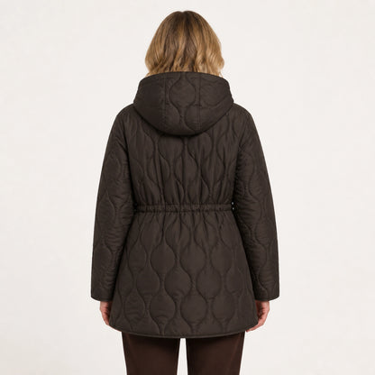 Brown hooded longline quilted jacket direct back view on a model — view 4