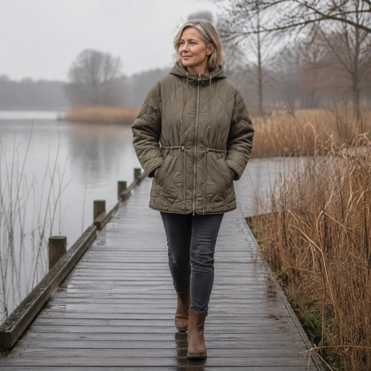 Army Green hooded longline quilted jacket view on a model — view 7