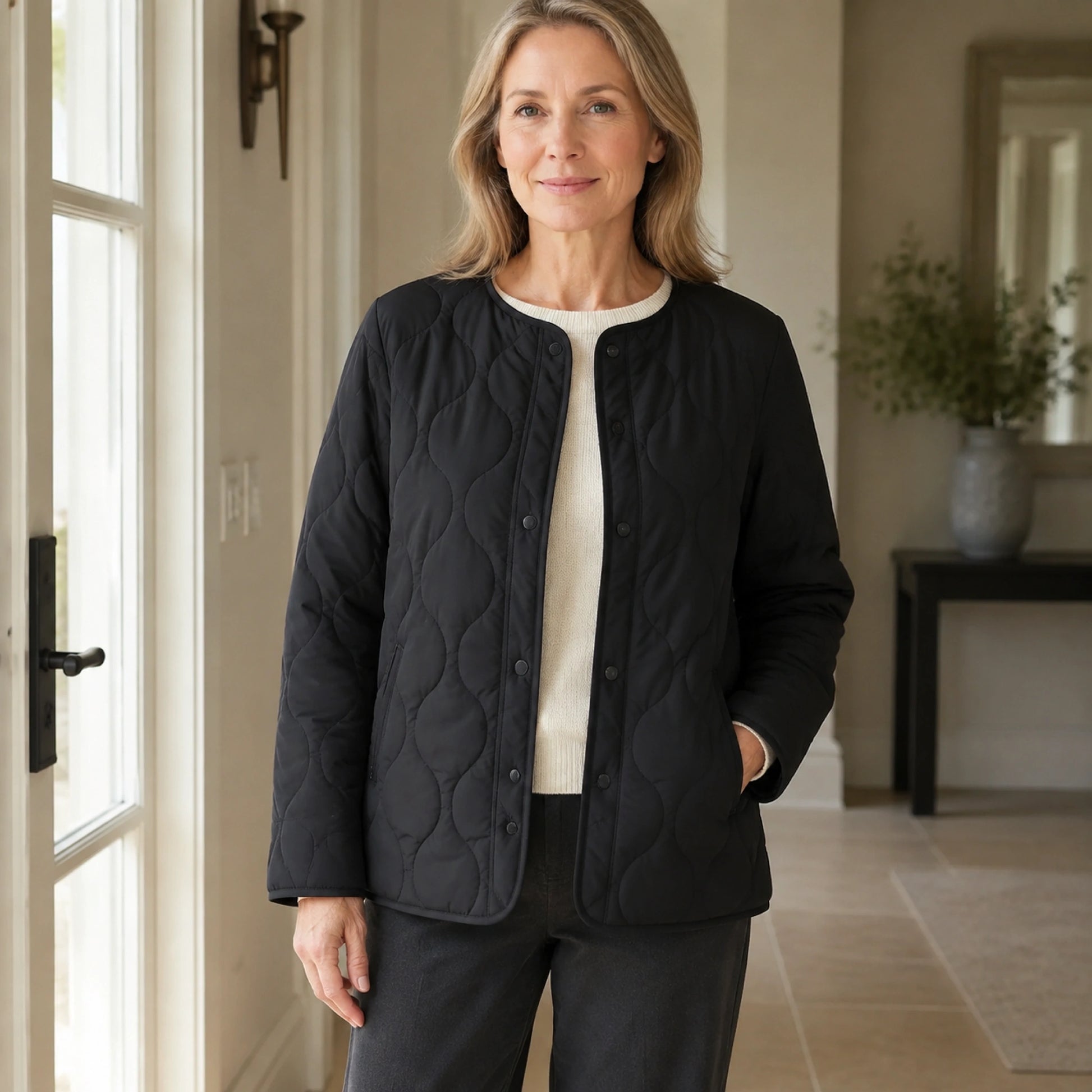 Claire black collarless quilted jacket complete front view
