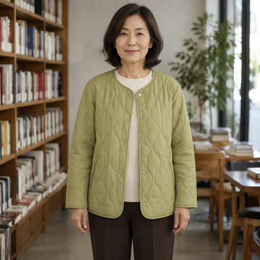 Claire olive green collarless quilted jacket complete front view — view 2