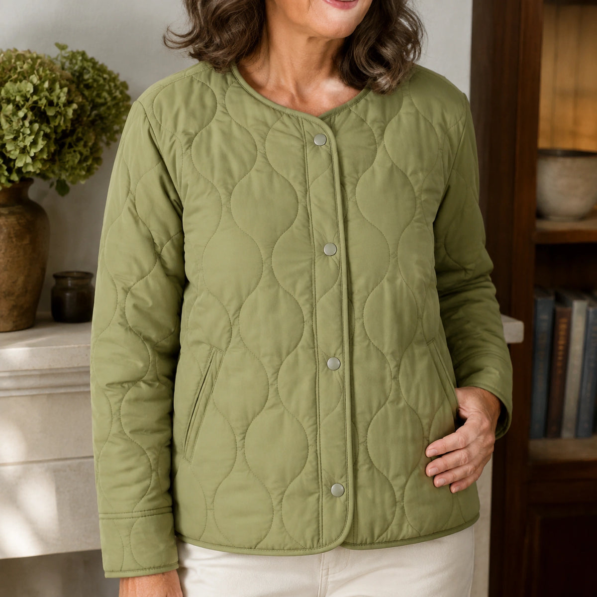 quilted jacket — Claire olive green jacket neckline snap and quilting detail — view 4