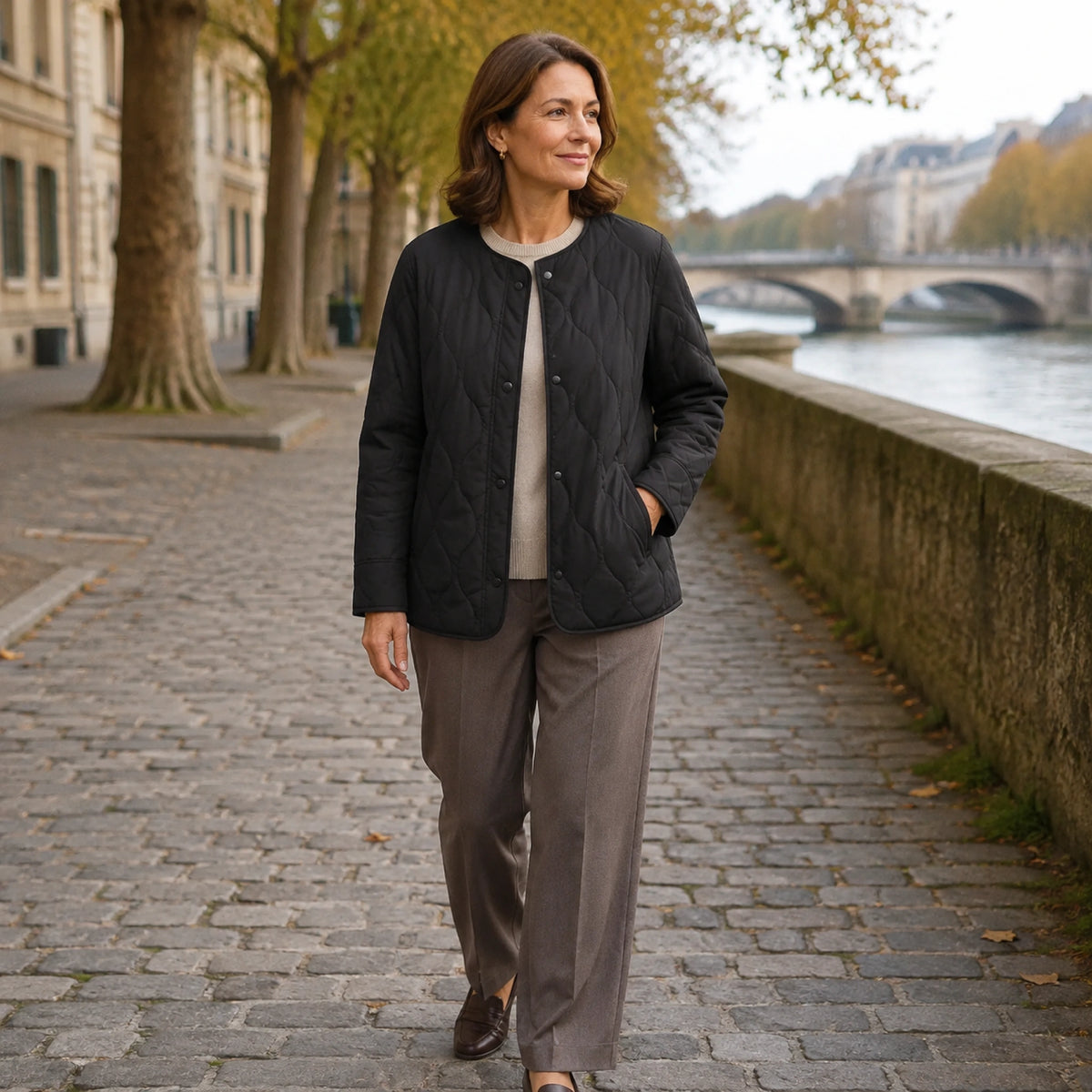 Woman wearing the Claire black quilted jacket on an autumn riverside walk — view 5