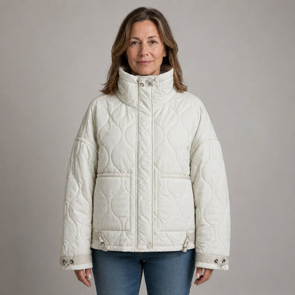 quilted jacket — White drawstring high neck quilted coat front view on a model