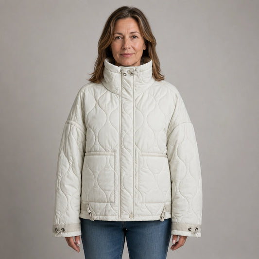 quilted jacket — White drawstring high neck quilted coat front view on a model