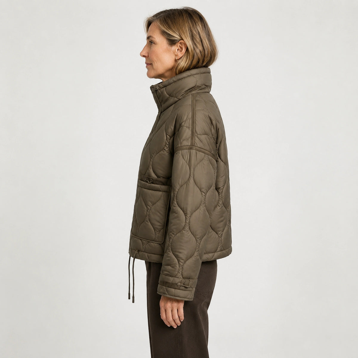 quilted jacket — Brown drawstring high neck quilted coat true side view on a model — view 10