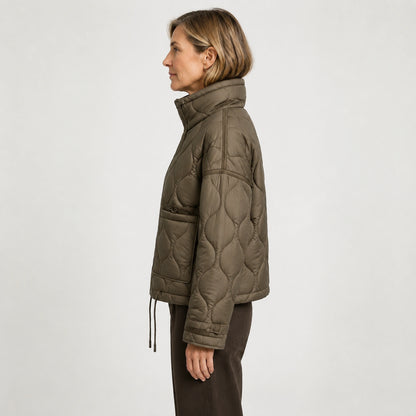 quilted jacket — Brown drawstring high neck quilted coat true side view on a model — view 10