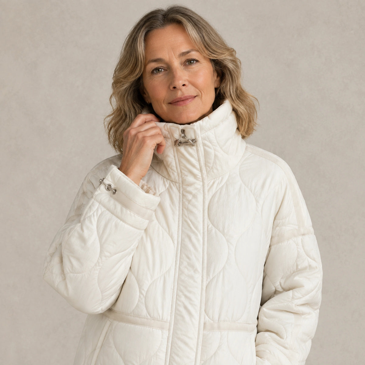 quilted jacket — White quilted coat tall collar detail on a model — view 12