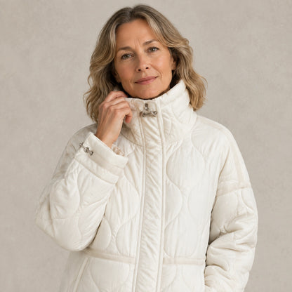 quilted jacket — White quilted coat tall collar detail on a model — view 12