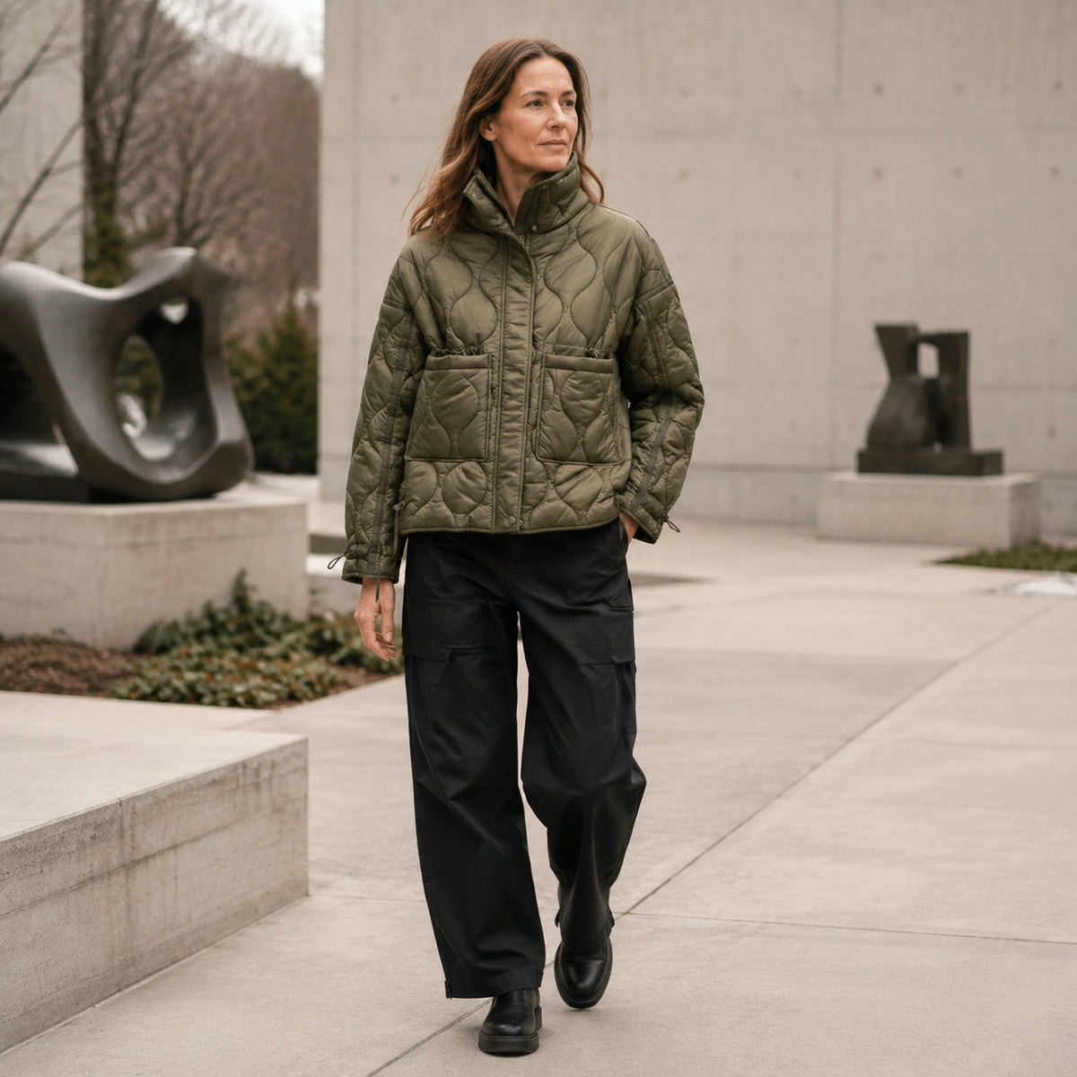 quilted jacket — Army Green drawstring high neck quilted coat view on a model — view 13