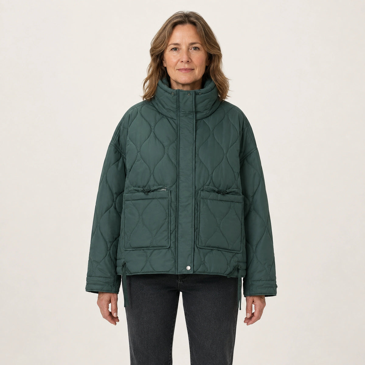 quilted jacket — Green drawstring high neck quilted coat front view on a model — view 2