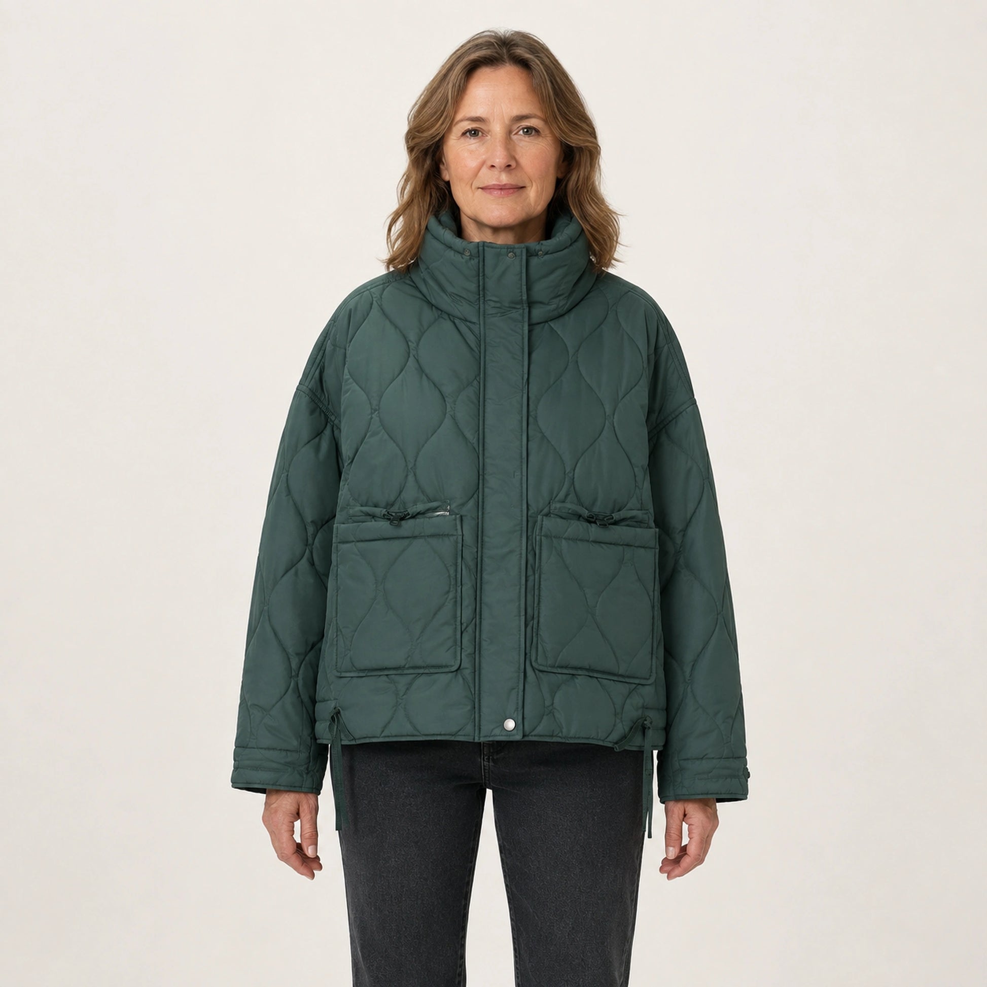 quilted jacket — Green drawstring high neck quilted coat front view on a model — view 2