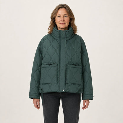 quilted jacket — Green drawstring high neck quilted coat front view on a model — view 2