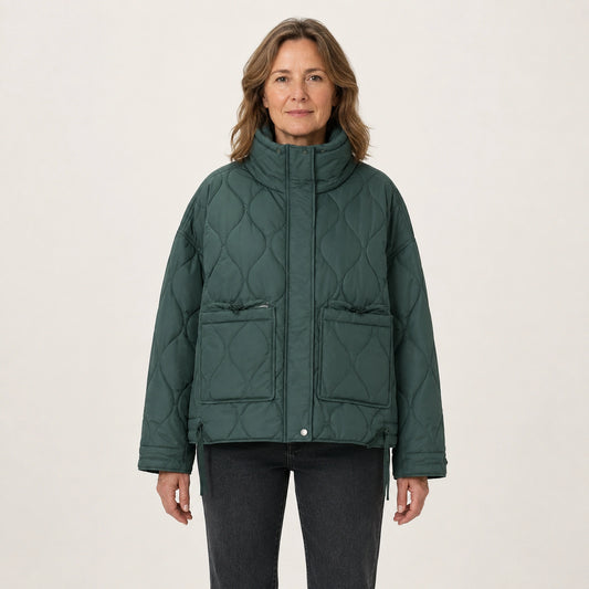 quilted jacket — Green drawstring high neck quilted coat front view on a model — view 2