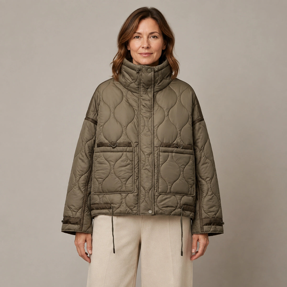 quilted jacket — Brown drawstring high neck quilted coat front view on a model — view 3