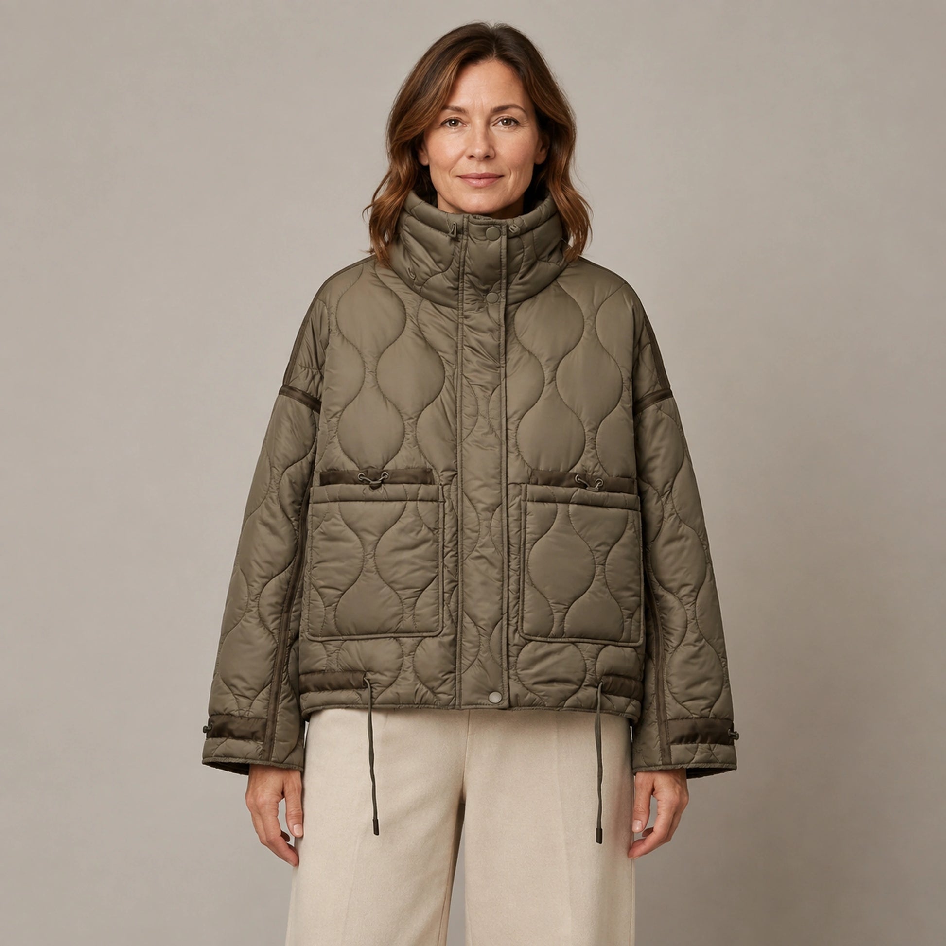 quilted jacket — Brown drawstring high neck quilted coat front view on a model — view 3