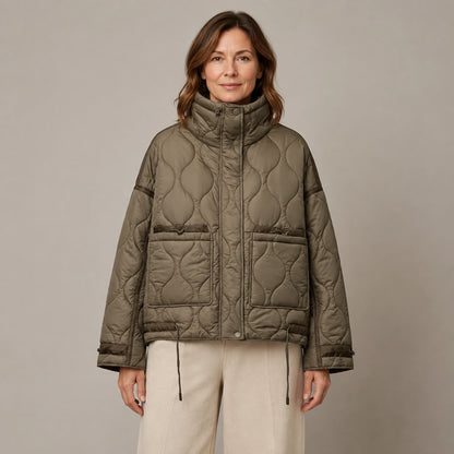 quilted jacket — Brown drawstring high neck quilted coat front view on a model — view 3
