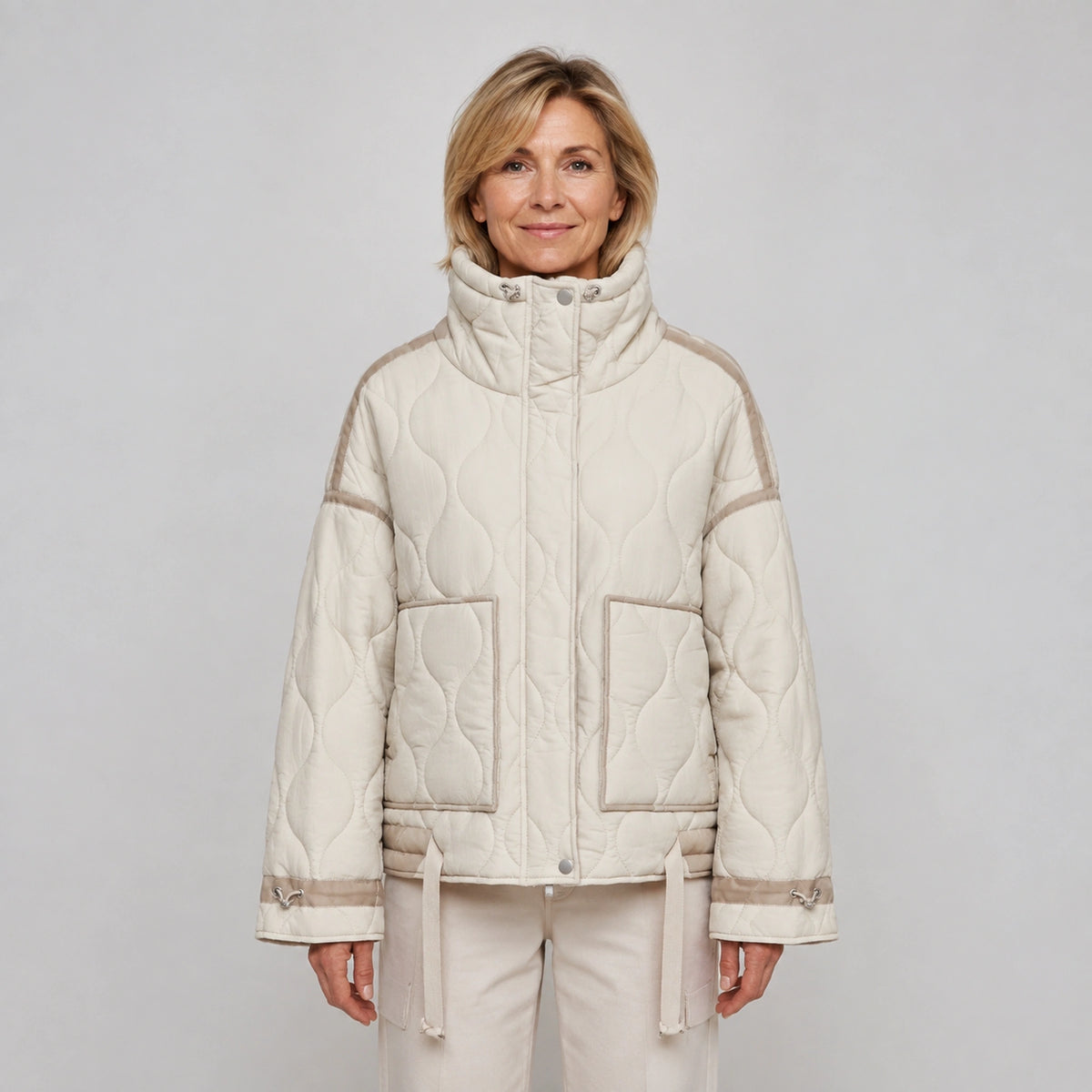 quilted jacket — Beige drawstring high neck quilted coat front view on a model — view 4
