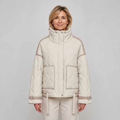 quilted jacket — Beige drawstring high neck quilted coat front view on a model — view 4
